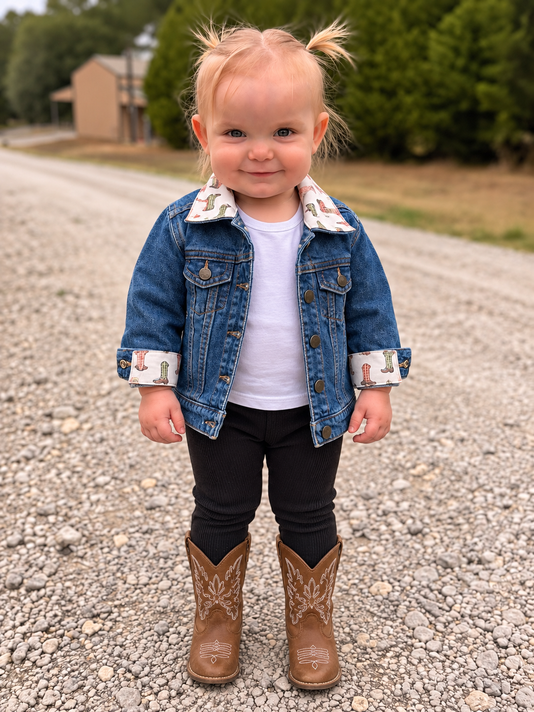 Little girl wearing The Little Luxe cowboy boot denim jacket