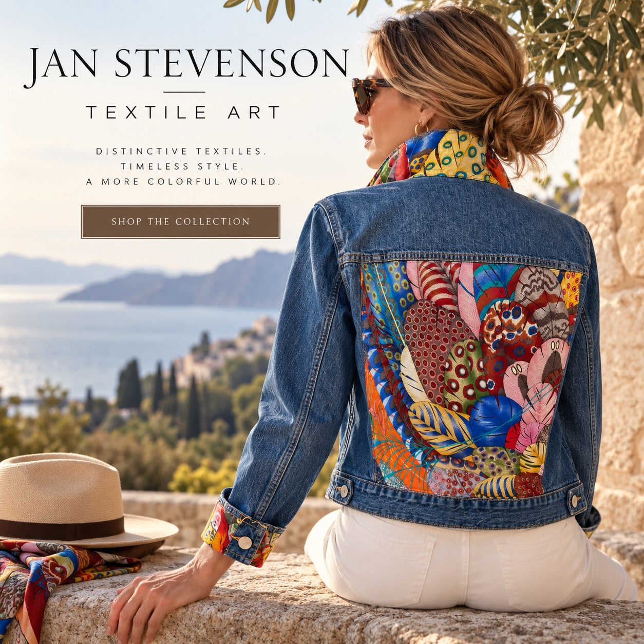 Denim jacket with colorful fabric embellishments on the back, collar and cuffs