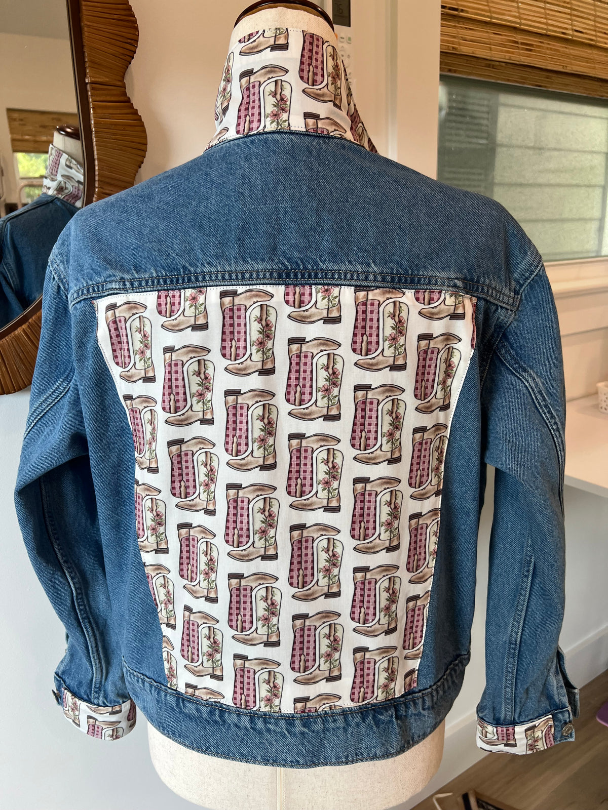 Original back of Maroon Gingham & Rose Boots Denim Jacket