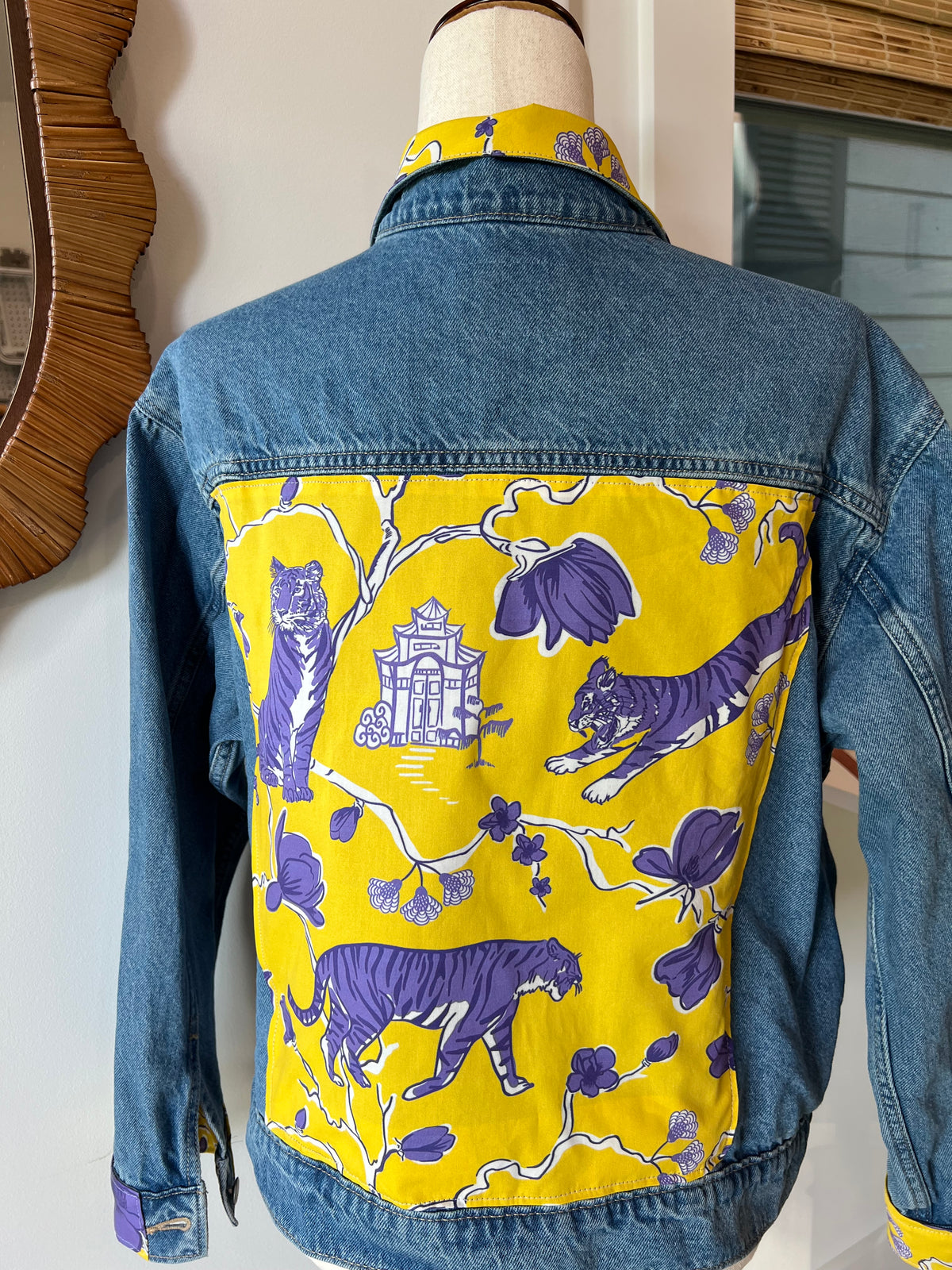 Back of Purple & Gold Tiger Denim Jacket with 100% cotton tiger-print panel